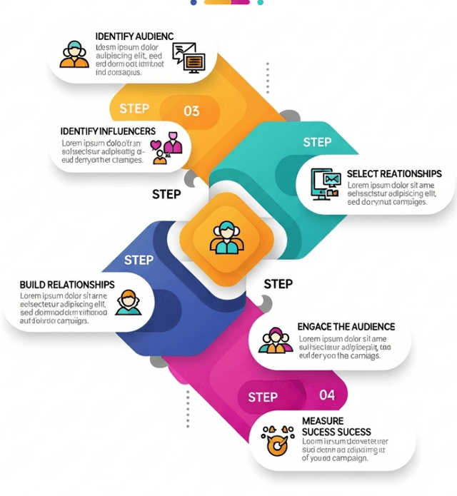 Infographic showing the steps of finding the right influencer: Identify Audience, Identify Influencers, Select Relationships, Build Relationships, Engage the Audience, and Measure Success.