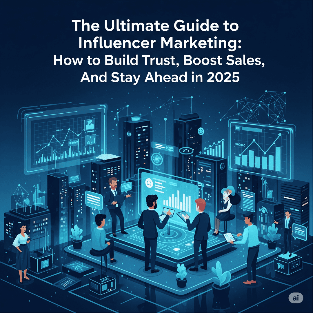 Digital network showing influencers, growth charts, and collaborative marketing for trust and sales