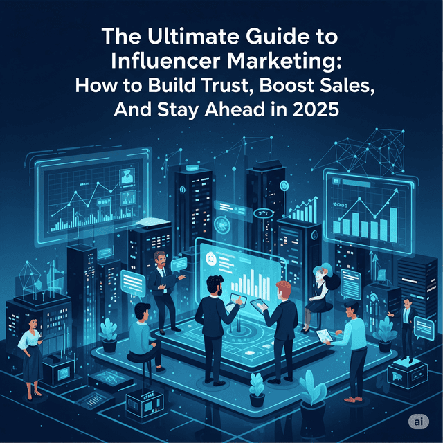 Digital network showing influencers, growth charts, and collaborative marketing for trust and sales